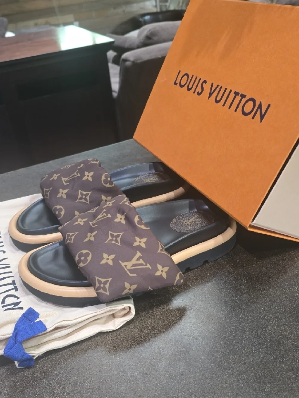 Louis Vuitton Monogram Padded Slide Sandals in Brown and Black - Picture 2 of 4